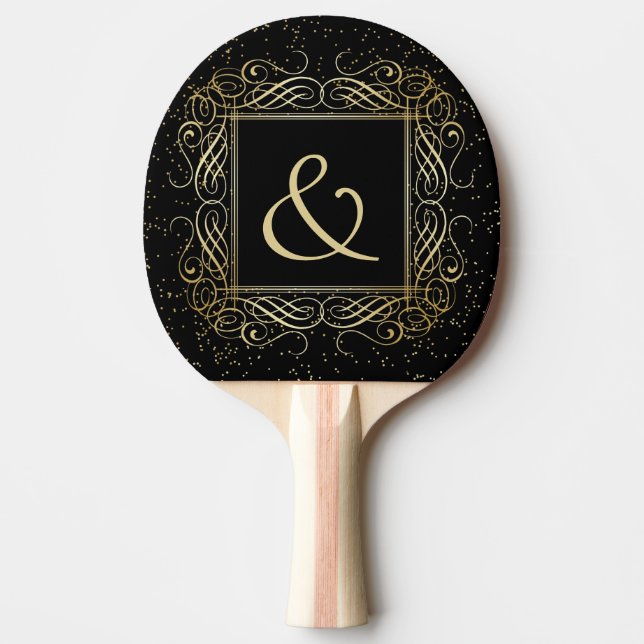 Elegant Gold Foil Look Scrollwork Script on Black Ping-Pong Paddle (Front)