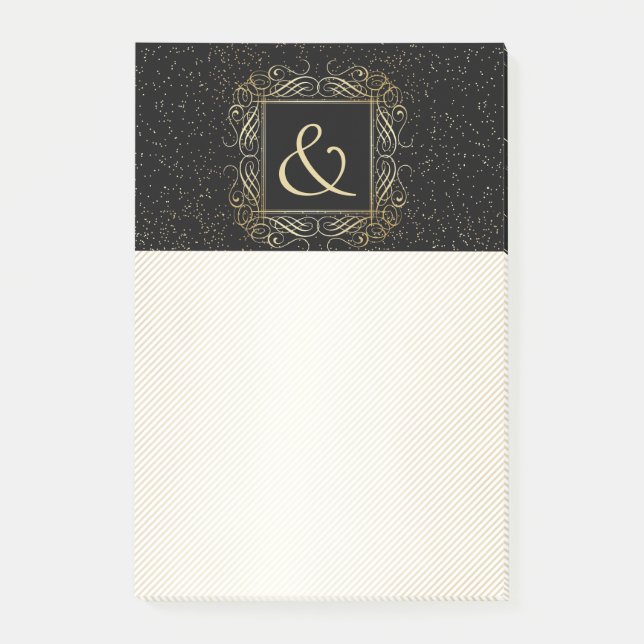 Elegant Gold Foil Look Scrollwork Script on Black Post-it Notes (Front)