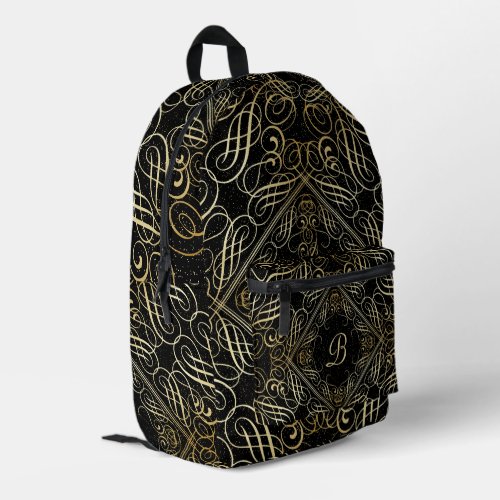 Elegant Gold Foil Look Scrollwork Script on Black Printed Backpack