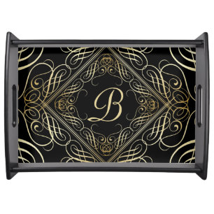 Elegant Gold Foil Look Scrollwork Script on Black Serving Tray