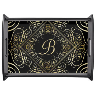 Elegant Gold Foil Look Scrollwork Script on Black Serving Tray