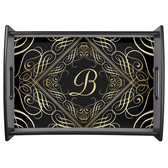 Elegant Gold Foil Look Scrollwork Script on Black Serving Tray (Front)
