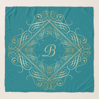 Elegant Gold Foil Look Scrollwork Script on Teal Scarf