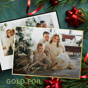 Elegant gold foil Merry Christmas script 3 photo Holiday Card