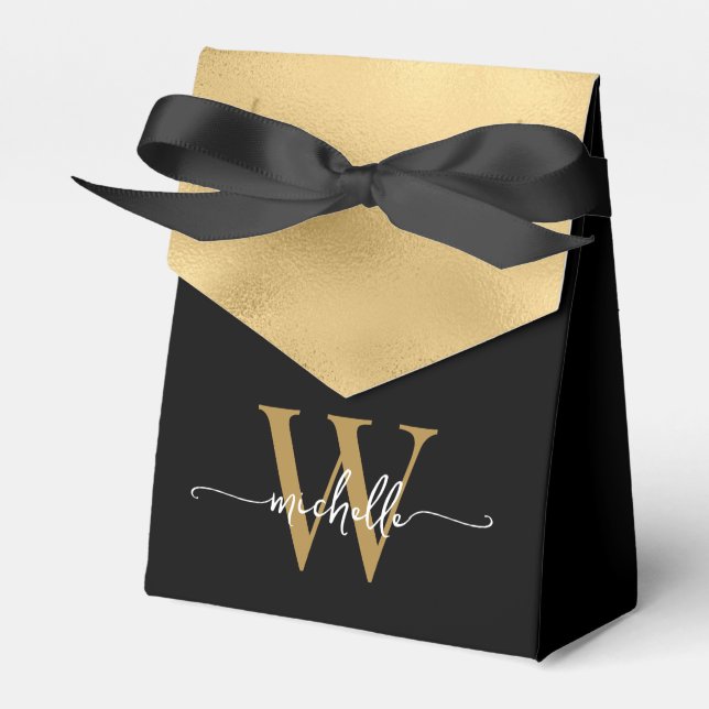  Elegant Gold Foil Modern Monogram Name Script Favor Boxes (Front Side)