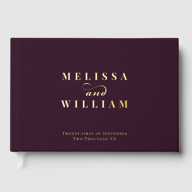 Elegant Gold Foil Modern Wine Burgundy Wedding Guest Book (Front)