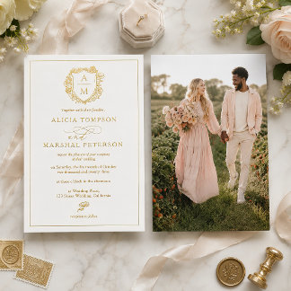 Elegant Gold Foil Monogram Crest Photo Wedding Invitation