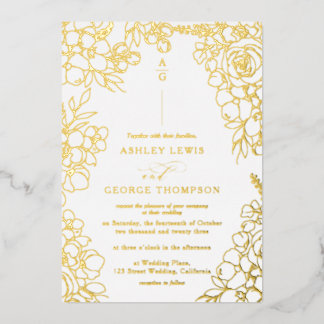 Elegant Gold Foil Monogram Floral Photo Wedding Invitation