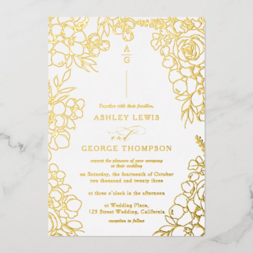 Elegant Gold Foil Monogram Floral Photo Wedding Invitation