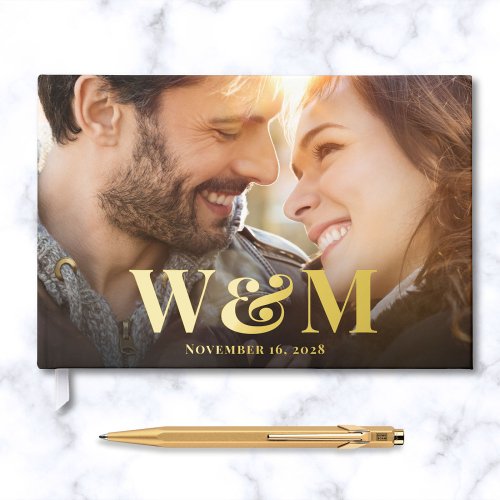 Elegant Gold Foil Monogram Photos Black Wedding Foil Guest Book