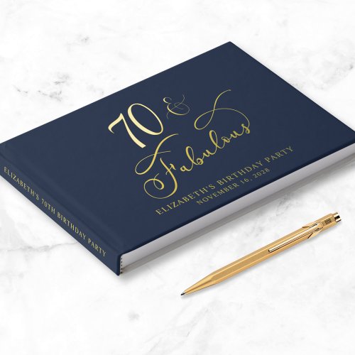 Elegant Gold Foil Navy Blue 70th Birthday Party Foil Guest Book