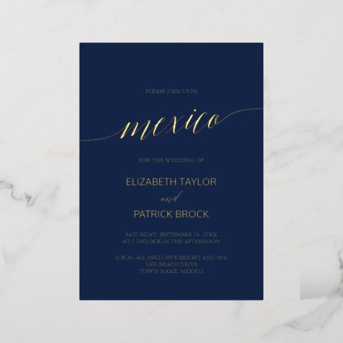 Elegant Gold Foil  Navy Blue Destination Wedding Foil Invitation