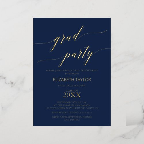 Elegant Gold Foil  Navy Blue Graduation Party Foil Invitation
