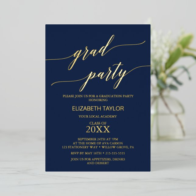 Elegant Gold Foil | Navy Blue Graduation Party Invitation (Standing Front)