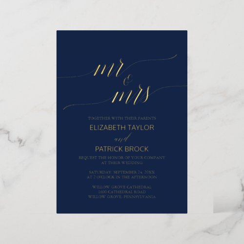 Elegant Gold Foil  Navy Blue Mr  Mrs Wedding Foil Invitation