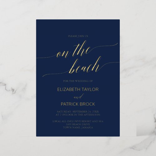 Elegant Gold Foil  Navy Blue On The Beach Wedding Foil Invitation