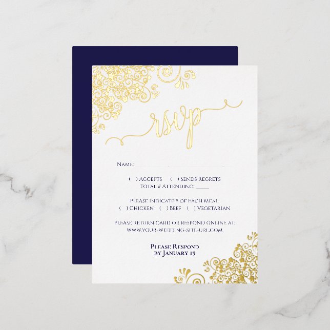 Elegant Gold Foil Navy Blue Wedding RSVP Card (Front/Back)