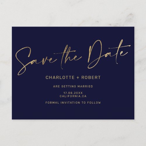 Elegant gold foil navy blue wedding save the date announcement postcard