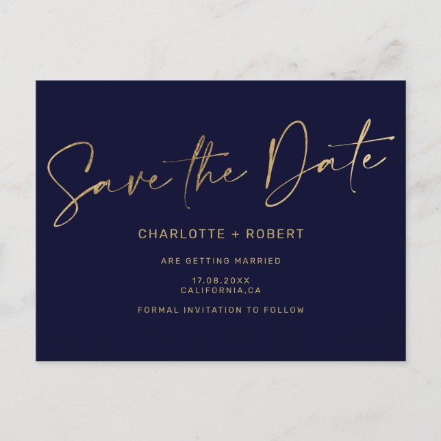 Elegant gold foil navy blue wedding save the date announcement postcard (Front)