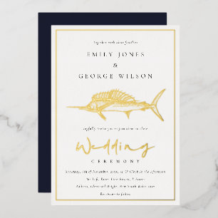 Elegant Gold Foil Navy Marline Fish Wedding Foil Invitation