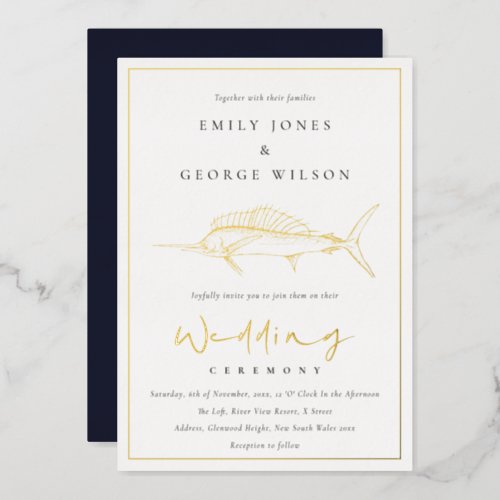 Elegant Gold Foil Navy Marline Fish Wedding Foil Invitation