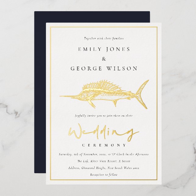 Elegant Gold Foil Navy Marline Fish Wedding Foil Invitation (Front/Back)