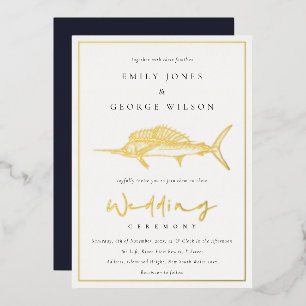 Elegant Gold Foil Navy Marline Fish Wedding Invitation