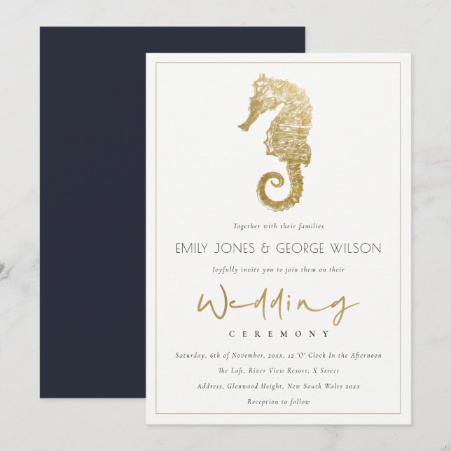 ELEGANT GOLD FOIL NAVY SEAHORSE WEDDING INVITE (Front/Back)