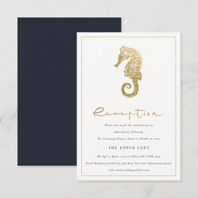 ELEGANT GOLD FOIL NAVY SEAHORSE WEDDING RECEPTION ENCLOSURE CARD (Front/Back)