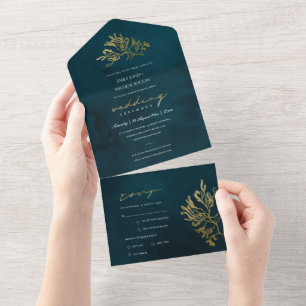 ELEGANT GOLD FOIL NAVY UNDERWATER SEAWEED WEDDING ALL IN ONE INVITATION