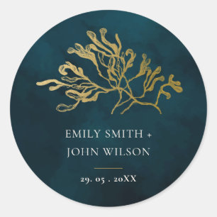 ELEGANT GOLD FOIL NAVY UNDERWATER SEAWEED WEDDING CLASSIC ROUND STICKER