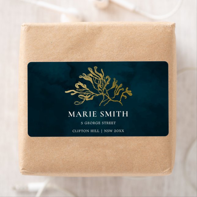 ELEGANT GOLD FOIL NAVY UNDERWATER SEAWEED WEDDING  LABEL (Insitu)
