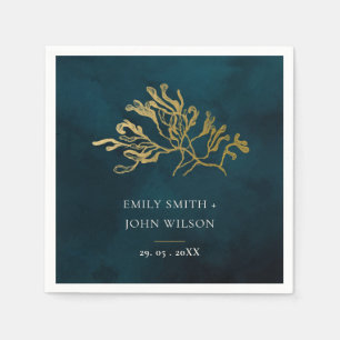 ELEGANT GOLD FOIL NAVY UNDERWATER SEAWEED WEDDING NAPKINS