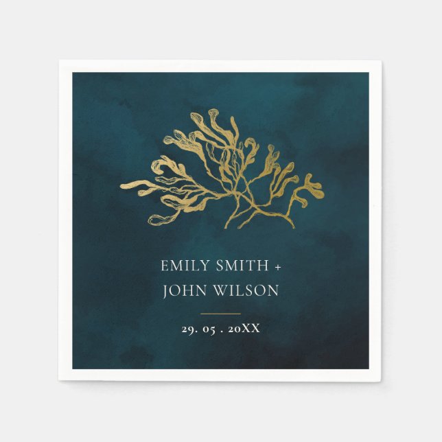 ELEGANT GOLD FOIL NAVY UNDERWATER SEAWEED WEDDING NAPKINS (Front)