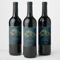 ELEGANT GOLD FOIL NAVY UNDERWATER SEAWEED WEDDING WINE LABEL | Zazzle