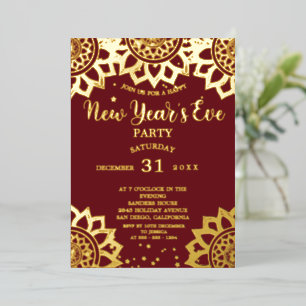 Elegant Gold Foil New Year's Eve Party Burgundy Invitation