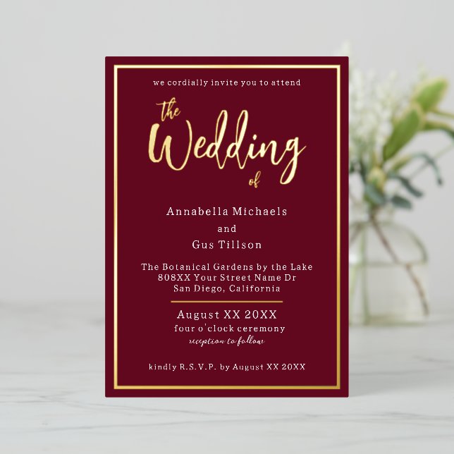 Elegant Gold Foil on Burgundy Wedding Foil Invitation (Standing Front)