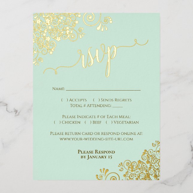 Elegant Gold Foil on Mint Green Wedding RSVP Card (Front)