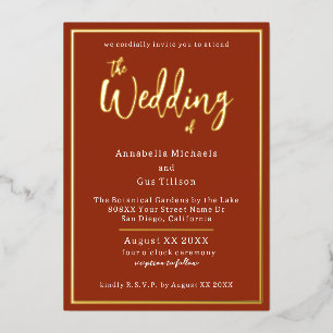 Elegant Gold Foil on Terra Cotta Wedding Invitation