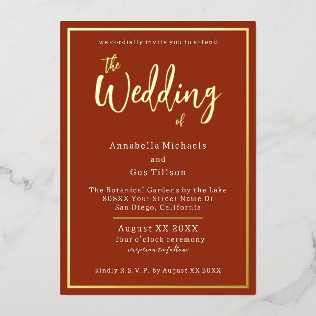 Elegant Gold Foil on Terra Cotta Wedding Invitation (Front)