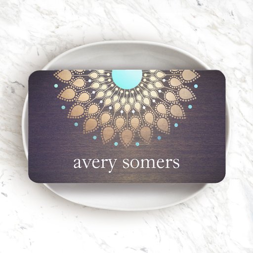 Customizable Elegant Gold Foil Ornate Leaf Mandala Wood Look Business Card Template