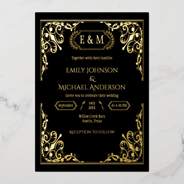 Elegant Gold Foil Ornate Monogram Black  Wedding  Invitation (Front)