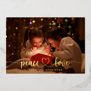 Elegant Gold Foil Peace Love Heart Holiday Card