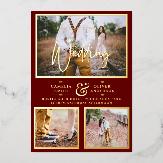 Elegant GOLD FOIL Photo Collage Burgundy Wedding Invitation (Front)