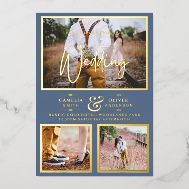 Elegant GOLD FOIL Photo Collage Dusty Blue Wedding Invitation (Front)