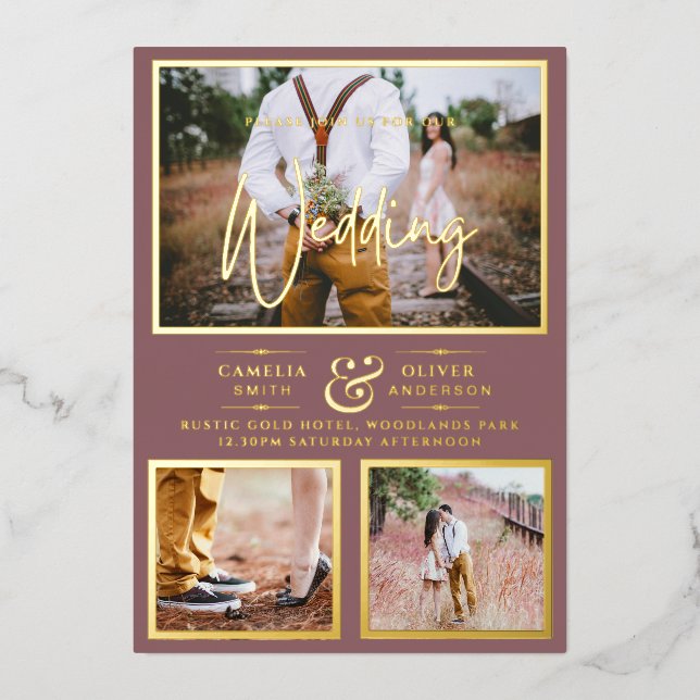 Elegant GOLD FOIL Photo Collage Dusty Rose Wedding Invitation (Front)