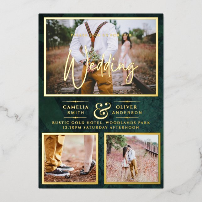 Elegant GOLD FOIL Photo Collage Green Wedding Foil Invitation (Front)