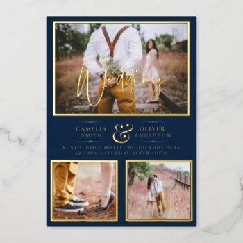 Elegant GOLD FOIL Photo Collage Navy Blue Wedding Foil Invitation