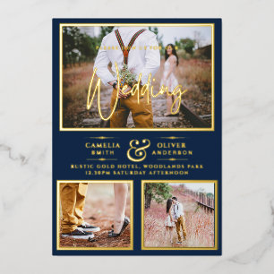 Elegant GOLD FOIL Photo Collage Navy Blue Wedding Invitation