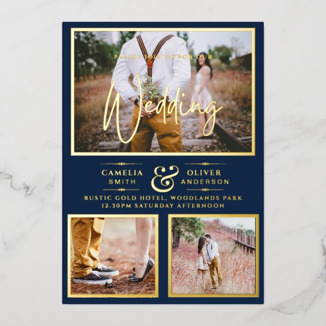 Elegant GOLD FOIL Photo Collage Navy Blue Wedding Invitation (Front)